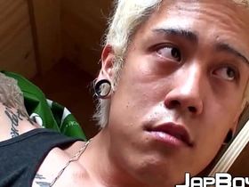 Blond Japanese twink toys with hole and strokes his dick outdoor asian gay porn